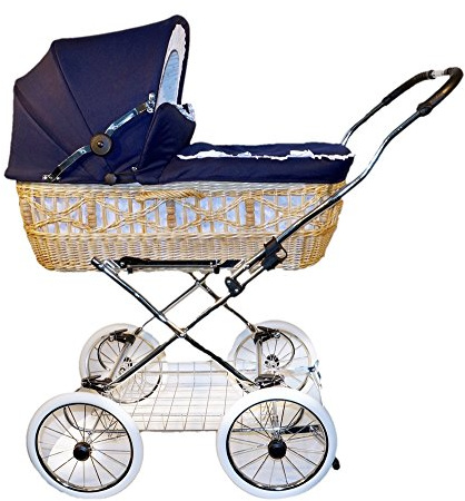 EICHHORN Kinderwagen Weidenkorb - Kinderwagen aus echter Weide, handgeflochten, Korb Natur, Stoff Marine