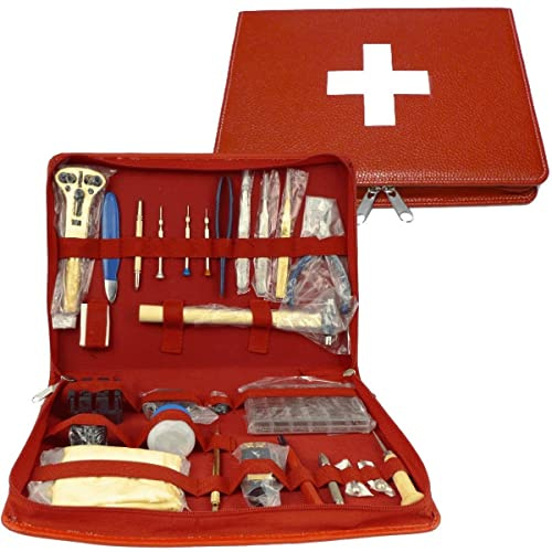 Großes Set Uhrenwerkzeug SWISS GUARD mit PU-Leder-Etui für die Uhrenreparatur