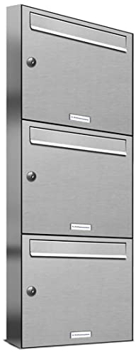 AL Briefkastensysteme 3er Briefkastenanlage aus V2A Edelstahl, Premium Briefkasten DIN A4, 3 Fach Postkasten modern Aufputz