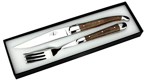 Forge de Laguiole - Set ein Steakmesser und eine Gabel - Griff Nussbaumholz - Besteck Frankreich - Stahl hochglanz