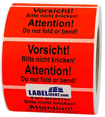 Warnetiketten 100 x 50 mm - Paket Aufkleber Vorsicht! Bitte nicht knicken! Attention! - 1.000 Versandaufkleber auf 1 Rolle(n), Papier selbstklebend