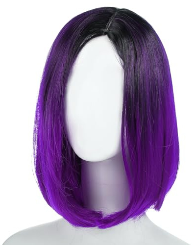 Lurrose Parrucche sintetiche colorate corte ad alta temperatura da donna in pizzo sfumato dritto Bob Cosplay parrucca capelli umani Cap viola