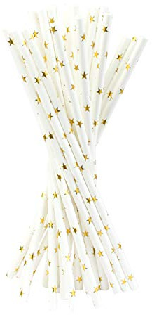 emartbuy Packung mit 75 Stück Papierstrohen Einwegpapier Strohhälme- Gold Sterne