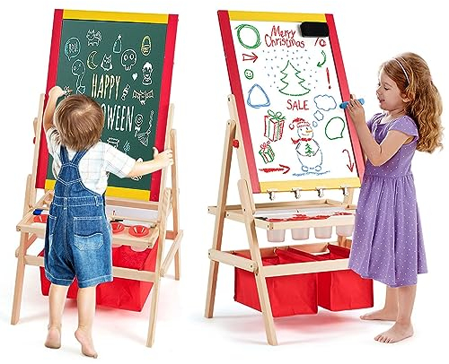 COSTWAY Cavalletto per Bambini 3 in 1, Lavagna Bifacciale, Cavalletto per Disegnare, con Rotolo di Carta, Magnetica, Accessori Completi, in Legno (52,5x51,5x106,5cm)