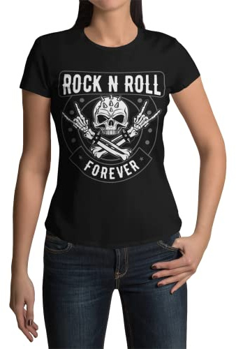 Modern Stylische Bekleidung Damen Shirt Motiv Rock n Roll T-Shirt Bones Tshirt Frauen Totenkopf Heavy Metal Rockige Kurzarm Horns Horn Grunge Clothes Vintage Punk Schwarz Weiß Rosa Grau