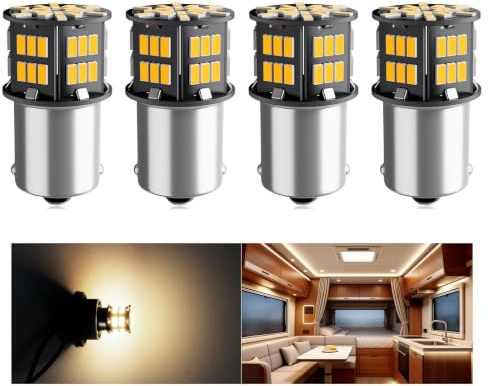 Defvnsy 1156 BA15S P21W 3014 54-SMD Bianco caldo 3000K Lampadine LED 12V Lampade per auto Indicatori di direzione interni RV Camper Rimorchio Luci posteriori per barche (confezione da 4)