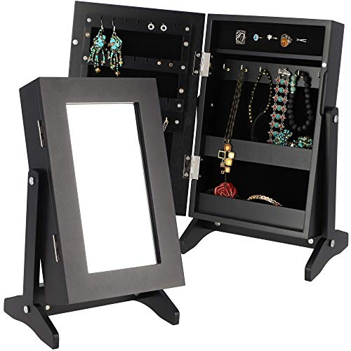 KADAX Boîte à bijoux avec miroir, 21 x 15 x 30,5 cm, boîte en panneau MDF, boîte à bijoux avec pieds, étui à bijoux pour chaînes, bagues (noir)