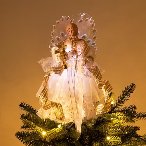 Valery Madelyn Décorations de Sapin de Noël avec Ange, Haut de Sapin de Noël en Forme d'ange Blanc et Or, Topper Sapin de Noël avec 10 lumières LED Chaudes, à Piles(Non Inclus) 31 cm