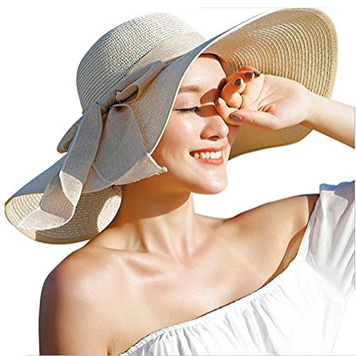 Cappello di paglia da donna con fiocco grande, pieghevole, da spiaggia, cappello estivo (blu), beige, Taille unique