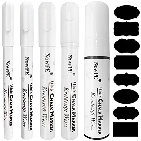 Kreidestift Weiss, NowPE 1mm, 3mm, 6mm, 10mm und 15mm Kreidestifte für Tafel, Fenster und Glas, Trocken oder Feucht Abwaschbar Kreidemarker, 5 Stück Flüssige Kreide Weiß Set + 16pcs Kreidetafel Labels