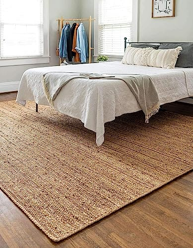 Jute Rug 10' x 14' Rectangular Area Rug Hand Woven Jute Beige Braided Boho Rug For Living Room Outdoor Bedroom Kitchen Entryway Farmhouse Hallway, Rustic Vintage Natural Reversible Floor Rugs: Natural
