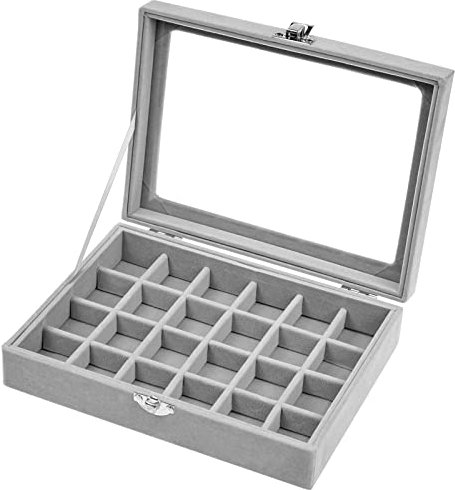 LTHERMELK Boite a Bijoux en Velours Gris avec 24 Compartiments et Couvercle en Verre, Boite de Rangement a Bijoux pour Bagues Boucles d’Oreilles Bracelets Montres Colliers