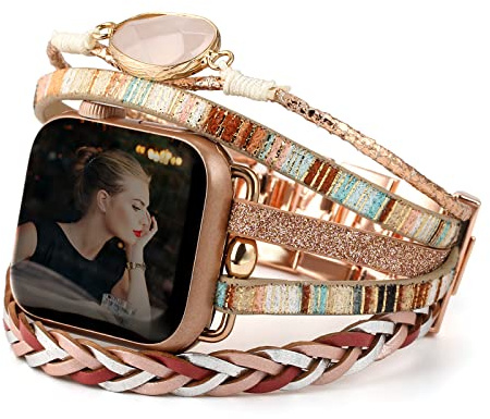 CHARMINGO Boho-läderarmband kompatibelt med Apple Watch-band för kvinnor och män 38 mm 40 mm 41 mm 42 mm 44 mm 45 mm 49 mm – flerskikts omlott Apple Watch-rem för gulligt Iwatch Band serie 9 8 7 6 SE,