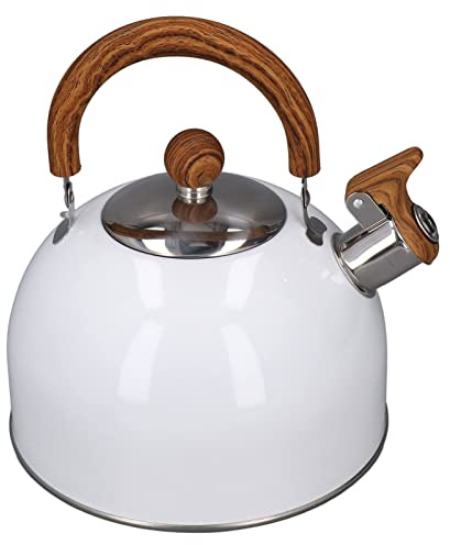 Bouilloire sifflante en acier inoxydable de 2,5 L - Blanc - Avec poignée en bois - Convient pour une utilisation sur plaques électriques, convections, céramiques et gaz