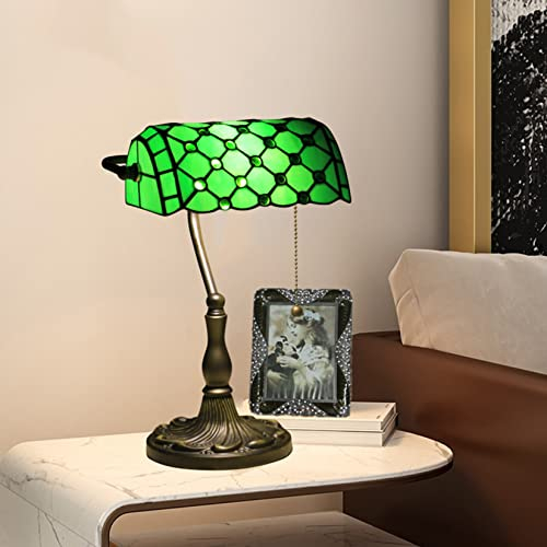 AIBOTY Green Banker Lampe, Tiffany Lampe, Buntglaslampe, Vintage Büro Schreibtischlampe, Kristallperlen Lampe, Schlafzimmer Nachttisch Lesen Klavier Studie Lampe, Legierung Basis,10X15in,B