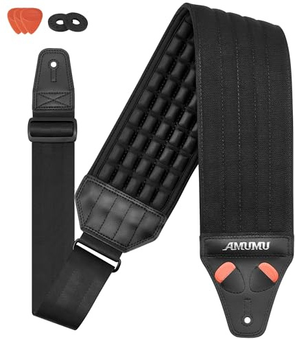 'Amumu AIRAFT Bass & Guitar Strap 4'' Ultra Wide - 0.7'' Thick Breathable Convex 3D Air Cell Cushions - Neoprene Padding - Black'