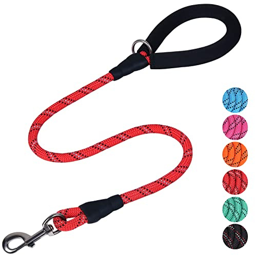 VIVAGLORY Laisse Solide en Corde pour Chien avec Poignée Rembourrée en Néoprène Doux et Fils Réfléchissants, Laisse Corta de 90CM pour Entraînement et Promenade de Chiens Moyens et Grands, Rouge