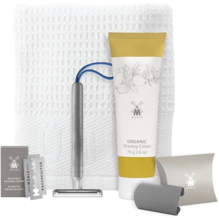 MÜHLE Companion Rasierset 5 tlg. - Unisex Sicherheitsrasierer mit blauer Kordel, Klinge, Creme, Tuch – vegan, nachhaltig