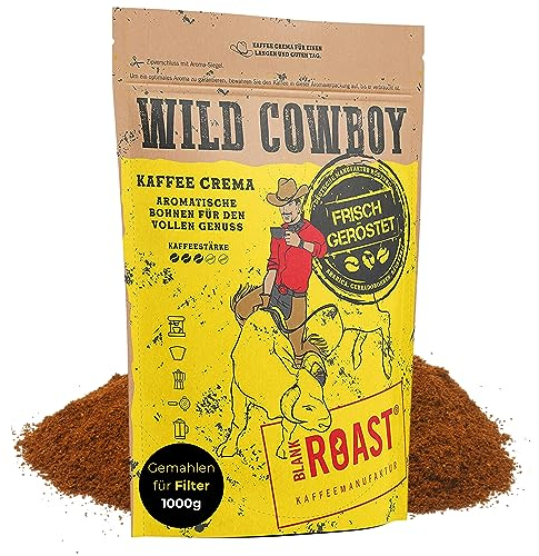 Blank Roast - Wild Cowboy Kaffee - gemahlen für Filter - 1kg - mit Hickoryholz geröstet - Gemahlene Kaffeebohnen aus Brasilien & Uganda - 100% Arabica-Blend mit schokoladigen Nuancen - säurearm