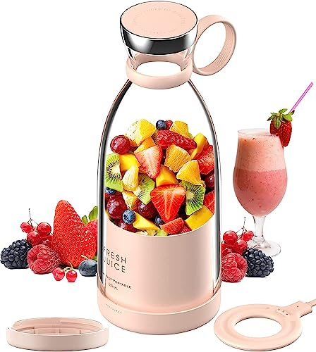Batidora Portatil Licuadora Smoothie Mezcladora Batidos Personal Recargable USB Portable Blender, Licuadora Frutas Inalámbrica Deporte Camping Fitness (ROSA+TAPA)