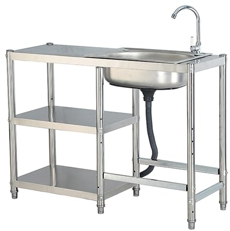 Cucina da esterno giardino lavello in acciaio inox lavello da cucina a vasca singola con rubinetto lavello in acciaio inox 304 con banco da lavoro e ripiani per garage, lavanderia, giardino esterno (
