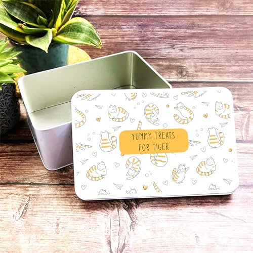 Yellow Cat Stripes Doodles Pet Personalised Treat Storage Tin Personalised Gift | Custom Gift | Personalized Tin | Personalised Tins | Gift For Her | Gift For Him