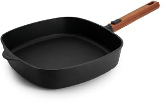 Woll Eco Logic QXR Poêle carrée, inductive, 28 x 28 cm, hauteur 6 cm, avec manche en bois amovible et durable, convient pour tous les types de feux, sans PFAS, revêtement anti-adhésif, fonte