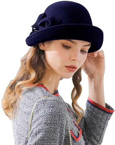 RZTA Damen Vintage Hut 100% Wollfilz Cloche Bucket Bowler Hut Winter Vintage Schleife Fedora Kirche Derby Fascinator Hut