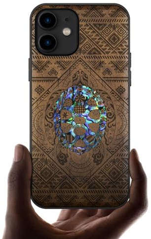 Carveit Étui pour iPhone 11 Coque [Gravure en Bois et Incrustation de Coquille] Cover Compatible avec Apple 11 Luxe et Case Etui Bois (Noyer-La Tortue au Milieu)