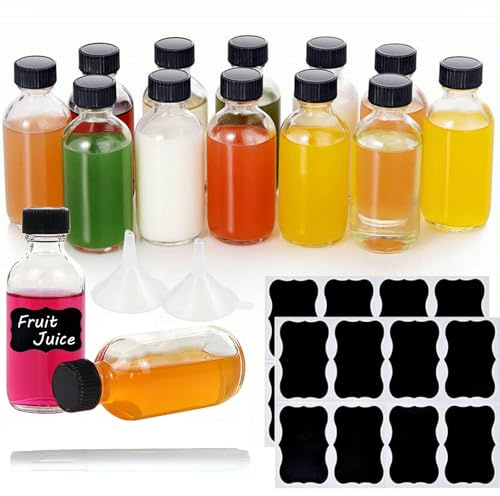 YankMooM 12 Pack Clear Glass Bottles with Lids,2oz/60ml Small Glass Ginger Shot Bottles Mini Juice Bottles Boston Round Bottles with A Pen and Stickers for Ginger,Juice,Essential Oil