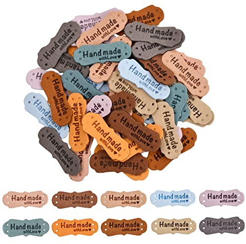 Colexy 60 pcs Handmade Label zum Annähen,Handgefertigte Etiketten PU-Leder, Handgefertigt Geprägtes Etikett mit Löchern,Handmade with Love,für Häkelkleidung Jeans Taschen Schuhe Hut DIY Basteln