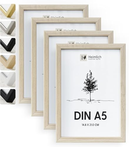 Heimlich® - Marco de fotos - A5 14,8 x 21 cm, madera de Ayous, color roble, paquete de 4 - Marcos para diplomas, pósteres, collages con lámina de plástico - Montaje en pared o sobremesa