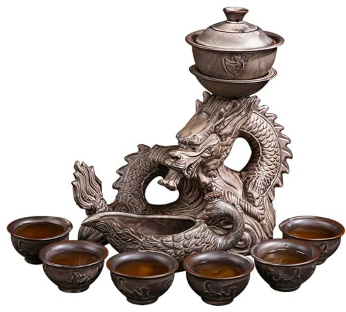 YoeEoay Halbautomatisches Teeset Drachen Chinesisches Kungfu Teeservice Set 9-teilig Vintage Porzellan Traditionelle Teekanne Teetasse Set Retro-Teeservice Set Geschenke Für Männer Erwachsene