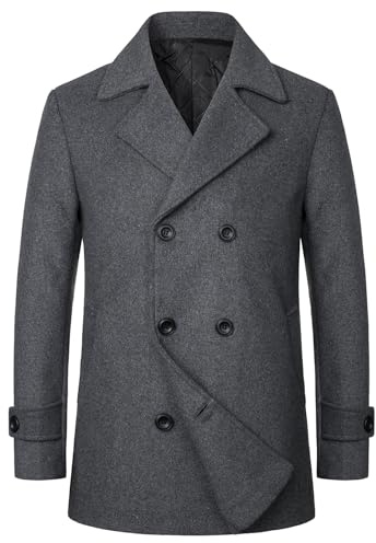 HOOD CREW Men’s Thick Trench Coat Double Breasted Overcoat Mid Length Warm Coat