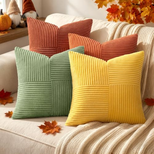 MIULEE Kissenbezug 40x40 Kordsamt Sofakissen Patchwork Orange Grün Serie | 4er Set Dekokissenhülle Zierkissenbezüge Square Zierkissen für Sofa Wohnzimmer Schlafzimmer