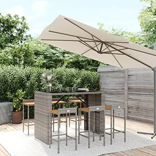 WEMYUFURN 7-TLG. Gartenbar-Set Grau Poly Rattan & Massivholz Akazie, Outdoor-Sitzgruppe, Terrassen-Lounge-Set, Garten-Couchgarnitur - Wetterbeständig, Komfortabel - für Terrasse, Garten und Balkon
