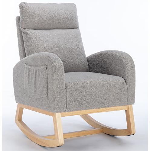 Mid-Century Modern Schaukelstuhl mit 1 Seitentasche, aus Teddy-Stoff, Holzrahmen, Ergonomische Rückenlehne, Gepolsterter Sitz, Stabil und Komfortabel für Wohnzimmer und Schlafzimmer, Grau