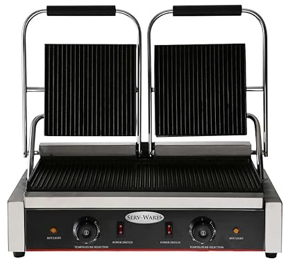 Serv-Ware EPG-200GG Double Electric Panini Grill, Grooved Cast Iron Top & Bottom Plates, 120°F–570°F Adjustable Temp, 18-7/64 W Cooking Surface, Drip Tray, Cool-Touch Handle, Stainless Steel