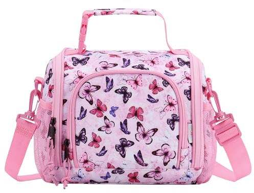 VASCHY Bolsa Térmica Infantil 2 Compartimentos 8L para Niña,Rosa Mariposa | Lancheira Termica Infantil Cuenta Con Aislamiento Interior,Isotérmica 3-4h,Bolsillos Laterales,Correa Ajustable Desmontable