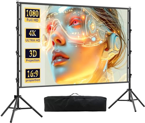 Outdoor Projector Screen with Stand,120 inch Portable Large Projector Screen with Heavy Duty Bracket,16:9 4K HD Rear Front Projection Movie Screen with Carry Bag for Home Theater