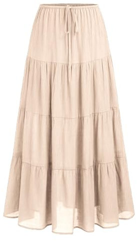 Rock Damen Elegant Lang Sommerrock Boho Plisseerock Blumen Hohe Elastische Taille Gürtel Maxirock Mit Kordelzug Strandrock Casual Freizeitrock Hochzeit Cocktail Skirt (Beige #3, L)