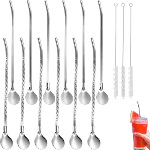 YUNYU 12-Piece Stainless Steel Straw Spoons Set with 3 Cleaning Brushes - 304 Rust-Proof Spoon Straws for Smoothies, Milkshakes, Cocktails & Latte Macchiato
