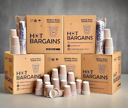 HOT BARGAINS, Kraft Paper Coffee Cups 8oz/230ml, Pack of 1000, Triple Wall Insulated Hot Drink Cups Leak-Resistant (1000, 8oz)