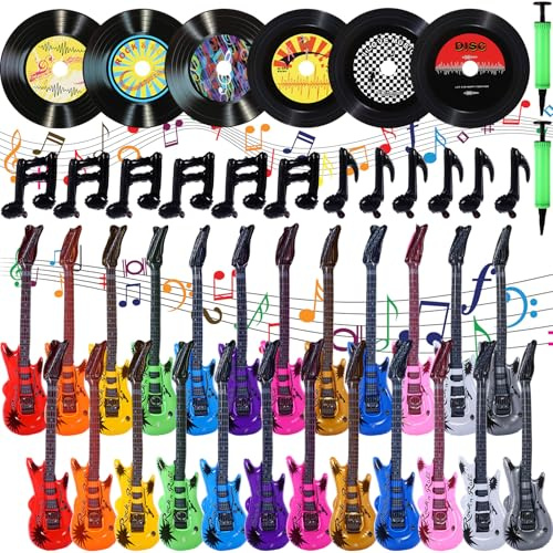 Chitidr 42 Pack Inflatable Rock Star Toy, 24 Inflatable Guitars Bulk 12 Musical Note Black Balloons 6 Vinyl Records for 80s 90s Musical Birthday Party Decoration, 2 Inflator