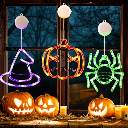 CYJJYZ 3PCS Luci per Finestra di Halloween Window Light a Batteria, Luci per Finestre di Halloween con Ventosa, Zucca, Ragno, Cappello da Strega, per Porte Casa Feste