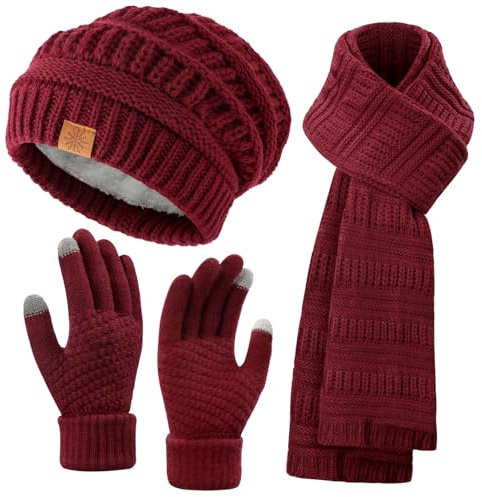 Winter Beanie Hat Scarf Gloves Set - Winter Clothes for Women, Soft Warm Thick Fleece Lined Hats Touchscreen Gloves Thick Neck Warmer Scarf for Women, Red