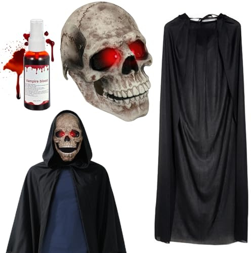 Masque Halloween Squelette Effrayant avec Lumières Rouges | Cape Capuche Halloween, Faux Sang en Spray 30ml, Masque Crane Squelette, Masque Tete de Mort, pour Cosplay Masquerade Soirées