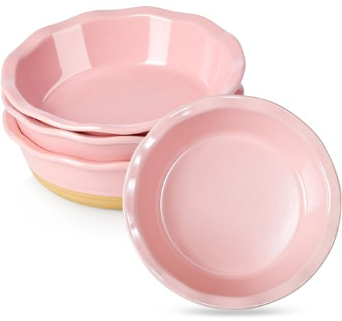 NUTRIUPS Small Pie Pans Set of 4, 6.5 Inch Ceramic Mini Pot Pie Baking Dishes, Oven Safe (6.5in, Pink, 4PCS)