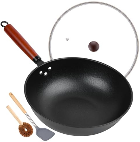 13 Nonstick Wok - Wok Pan with Glass Cover, Carbon Steel Woks & Stir-Fry Pans: Flat Bottom Chinese woks for Electric, Induction, Gas, All Stoves