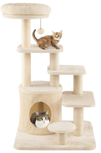FANTASK Kratzbaum Holz, Katzenbaum Höhle mit Sisal-Kratzpfosten & Plattformen, 7-stöckiges Kletterbaum, Katzenkratzbaum, 102 cm (Beige)